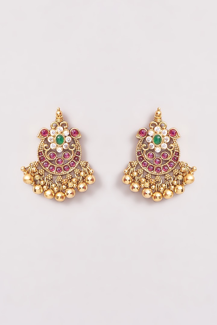 Gold Finish Kemp Stone & Beaded Temple Dangler Earrings by Minaki at Pernia's Pop Up Shop