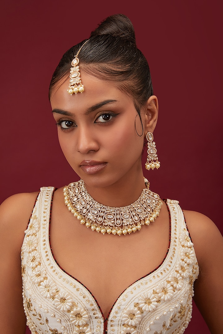 Gold Plated Kundan Polki & Pearl Necklace Set by Minaki at Pernia's Pop Up Shop