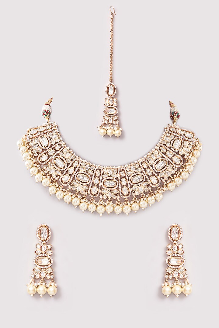 Gold Plated Kundan Polki & Pearl Necklace Set by Minaki at Pernia's Pop Up Shop