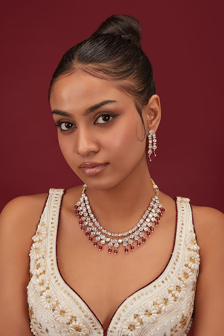 Gold Plated Kundan Polki & Beaded Necklace Set by Minaki at Pernia's Pop Up Shop