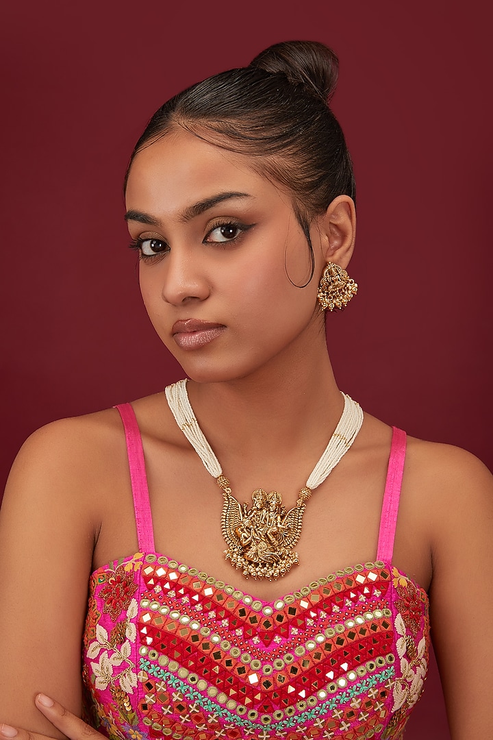Gold Finish Pearl & Beaded Pendant Necklace Set by Minaki at Pernia's Pop Up Shop