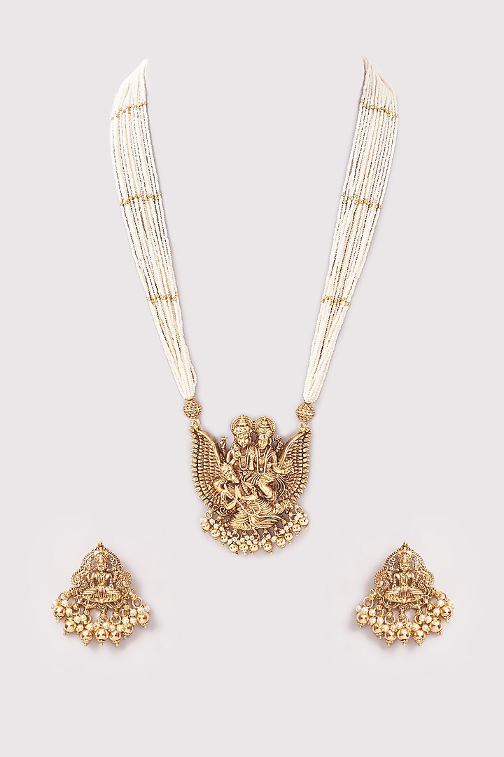 Gold Finish Pearl & Beaded Pendant Necklace Set by Minaki at Pernia's Pop Up Shop