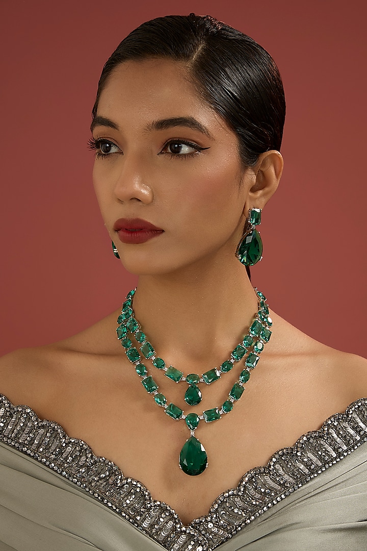 White Finish Emerald Green Cubic Zirconia Layered Necklace Set by Minaki at Pernia's Pop Up Shop