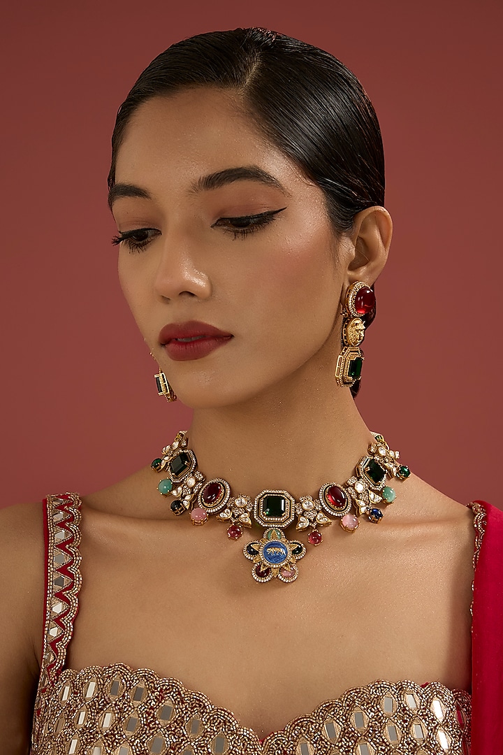 Gold Plated Kundan Polki & Multi-Colored Stone Necklace Set by Minaki at Pernia's Pop Up Shop