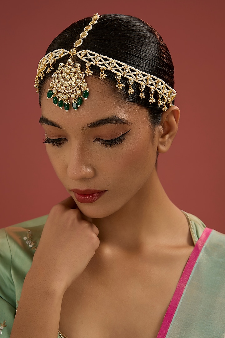 Gold Plated Kundan Polki & Emerald Beaded Mathapatti by Minaki at Pernia's Pop Up Shop