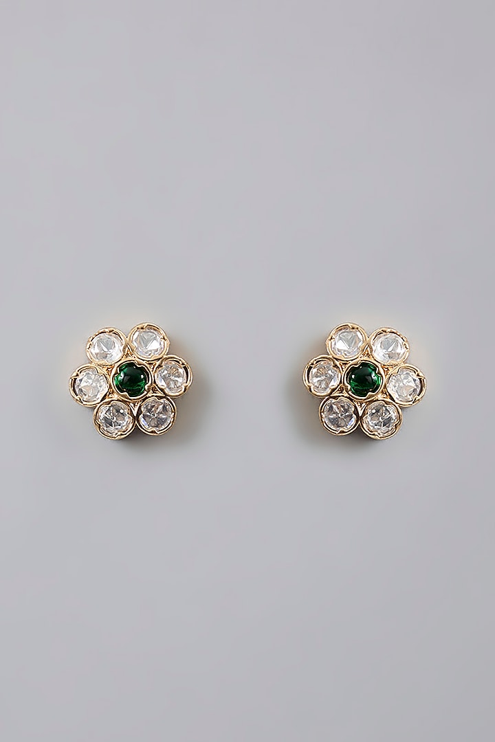 Gold Plated Kundan Polki & Green Stone Stud Earrings by Minaki at Pernia's Pop Up Shop