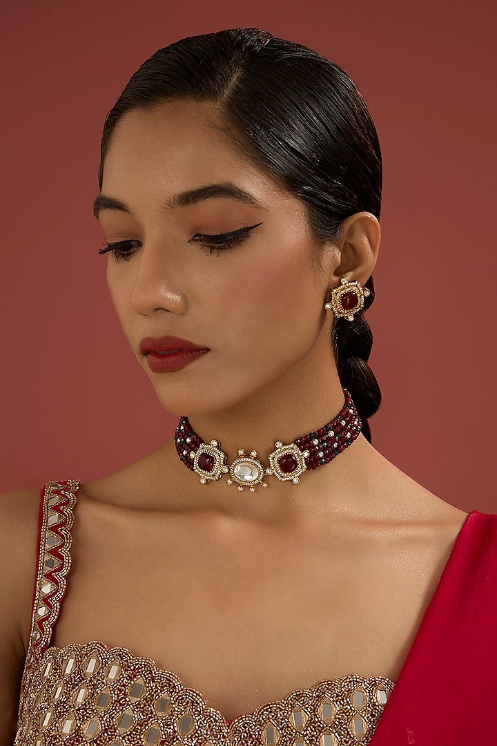 Gold Plated Kundan Polki & Red Beaded Choker Necklace Set by Minaki at Pernia's Pop Up Shop