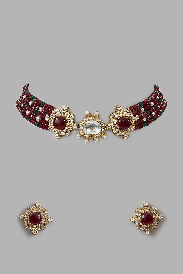 Gold Plated Kundan Polki & Red Beaded Choker Necklace Set by Minaki at Pernia's Pop Up Shop