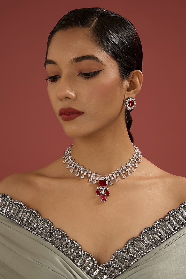 White Finish Ruby Red Cubic Zirconia Necklace Set by Minaki at Pernia's Pop Up Shop