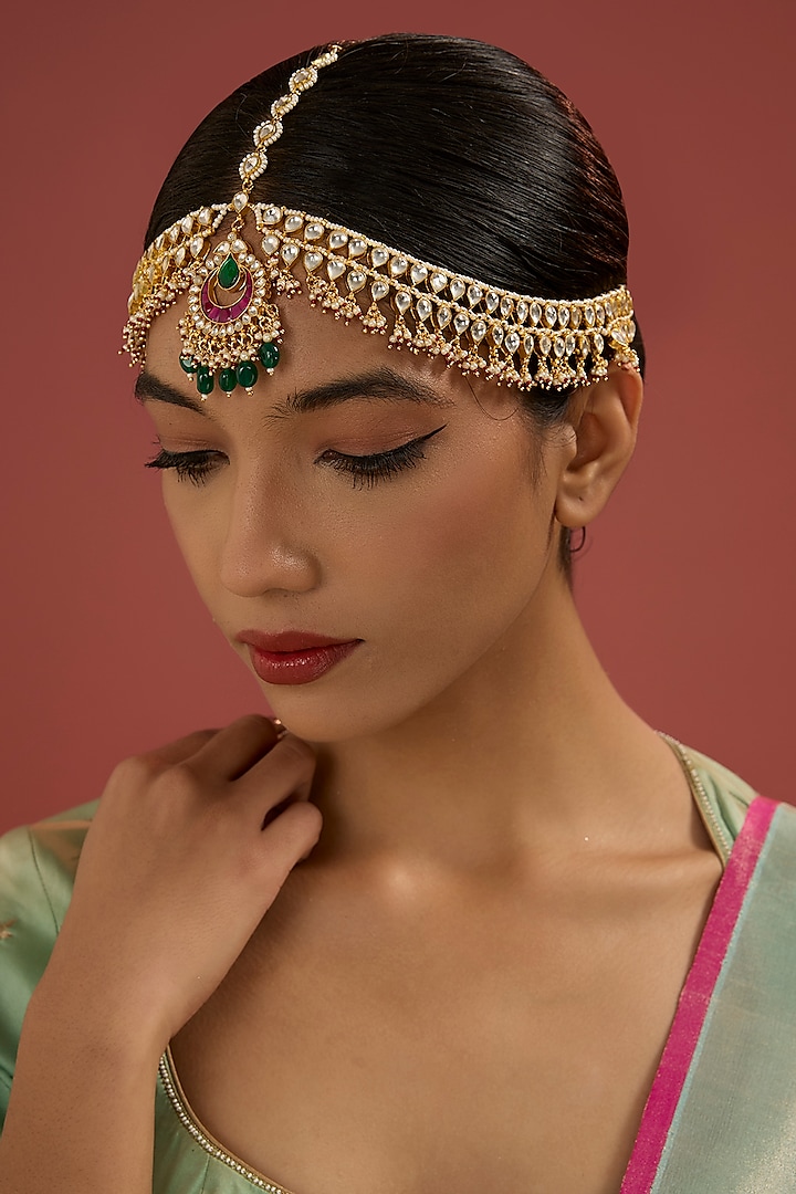 Gold Plated Kundan Polki & Emerald Beaded Mathapatti by Minaki at Pernia's Pop Up Shop