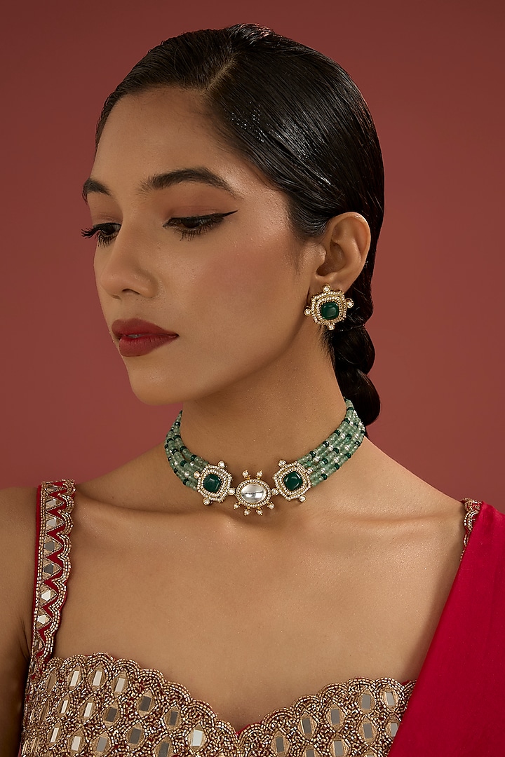 Gold Plated Kundan Polki & Green Beaded Choker Necklace Set by Minaki at Pernia's Pop Up Shop