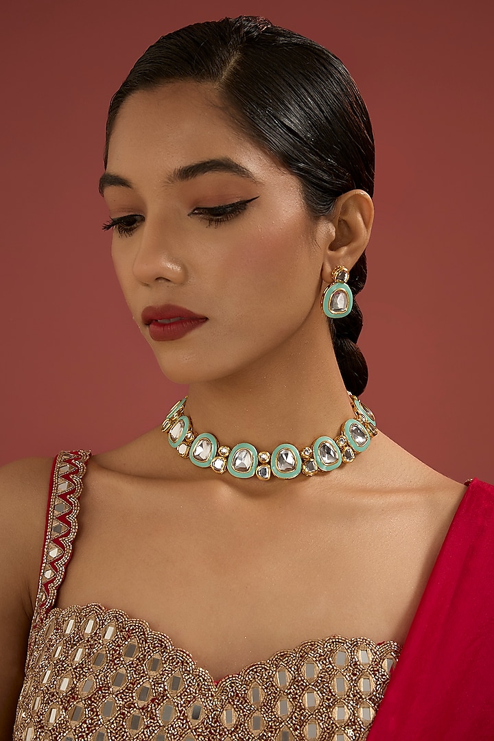 Gold Plated Kundan Polki Mint Meenakari Necklace Set by Minaki at Pernia's Pop Up Shop