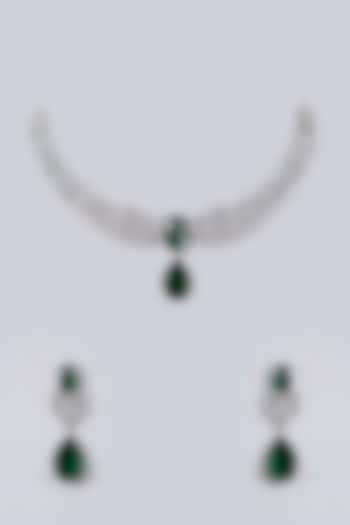 White Gold Finish Diamond & Green Zircon Necklace Set by Minaki at Pernia's Pop Up Shop