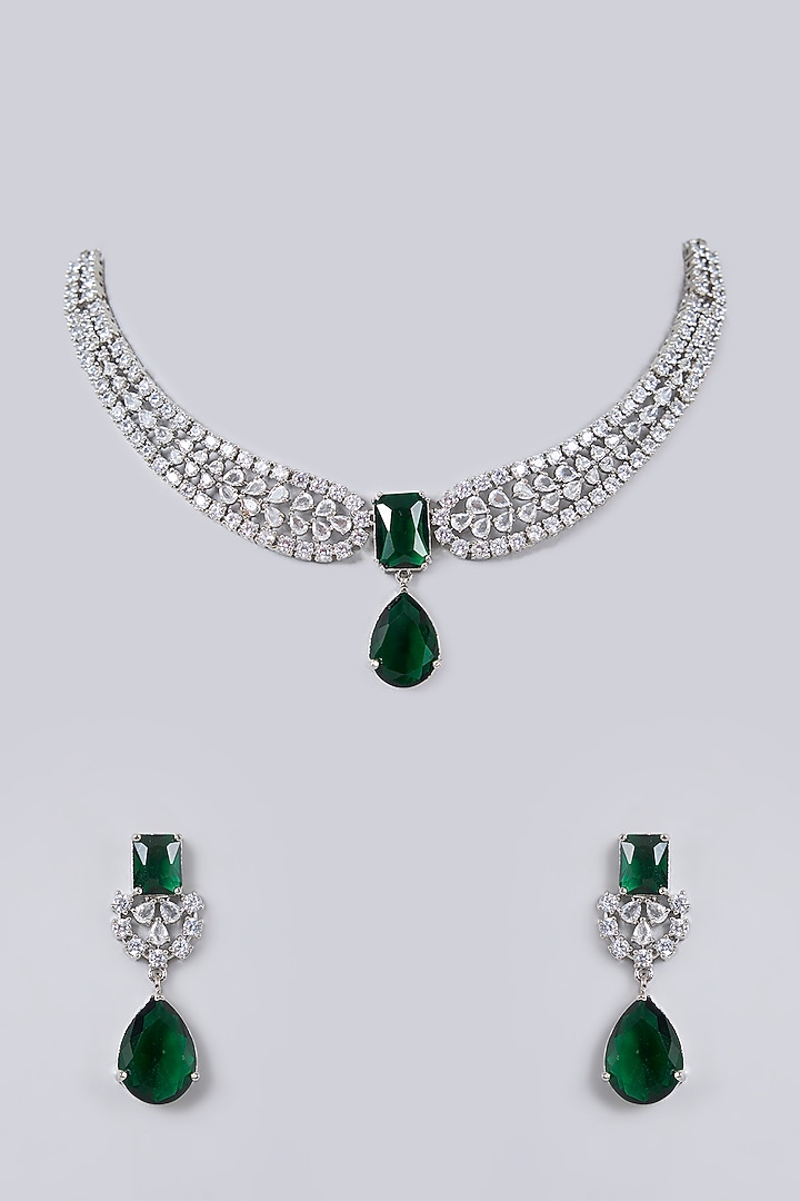 White Gold Finish Diamond & Green Zircon Necklace Set by Minaki at Pernia's Pop Up Shop