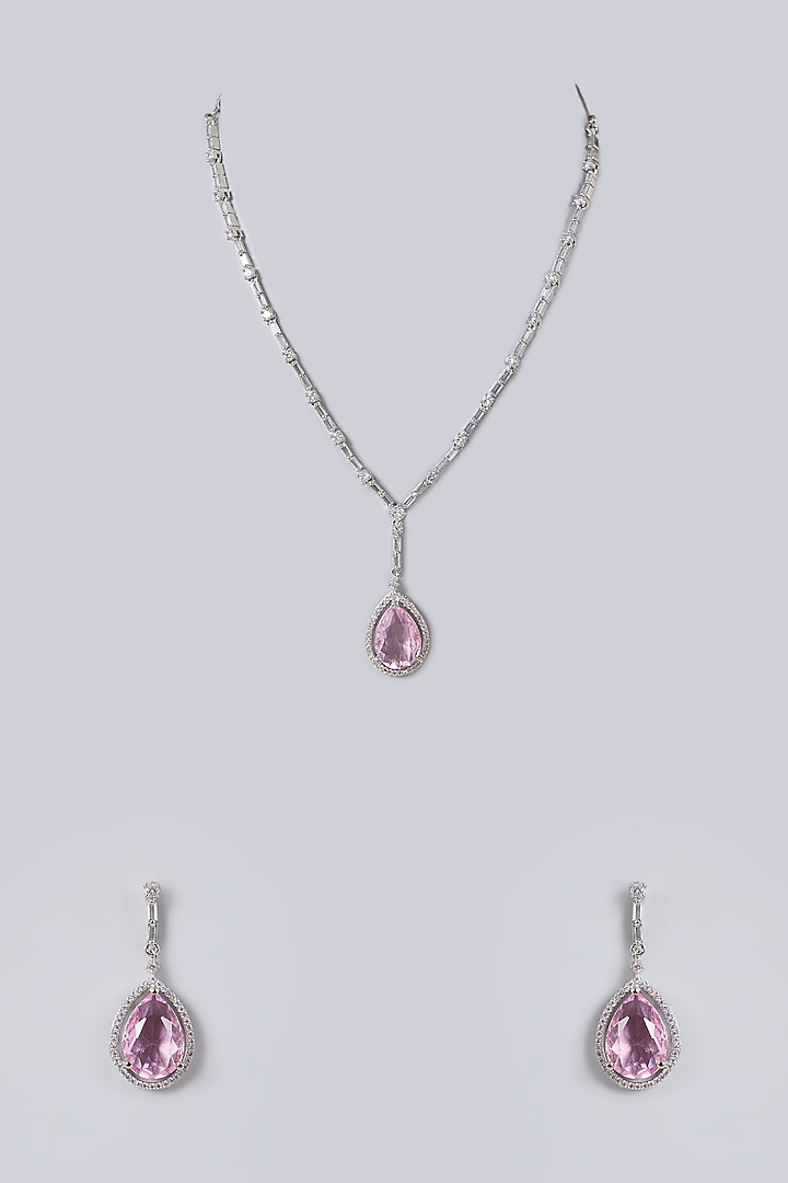 White Gold Finish Diamond & Pink Cubic Zirconia Necklace Set by Minaki at Pernia's Pop Up Shop