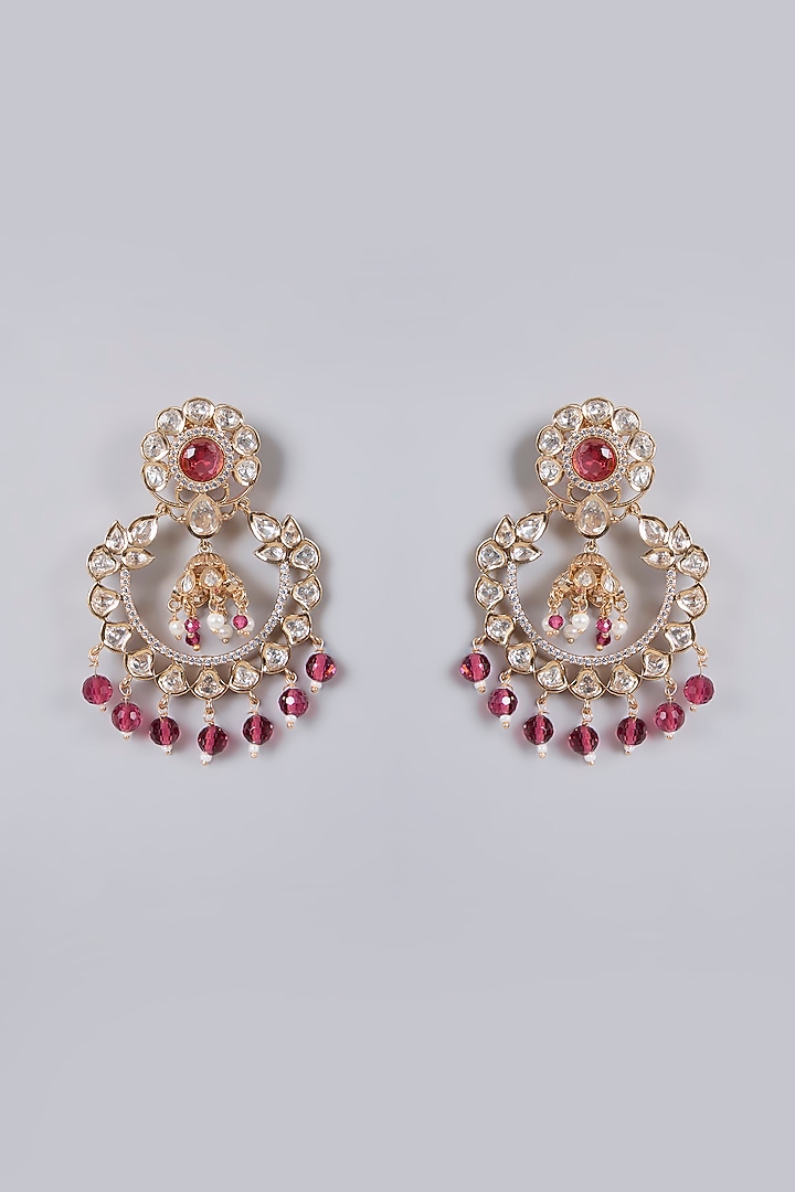 Gold Plated Kundan Polki & Red Beaded Chandbali Earrings by Minaki at Pernia's Pop Up Shop