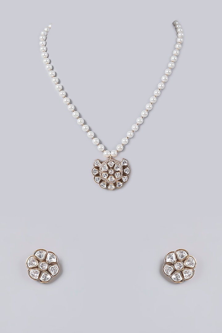 Gold Plated Kundan Polki & Crystal Pendant Necklace Set by Minaki at Pernia's Pop Up Shop