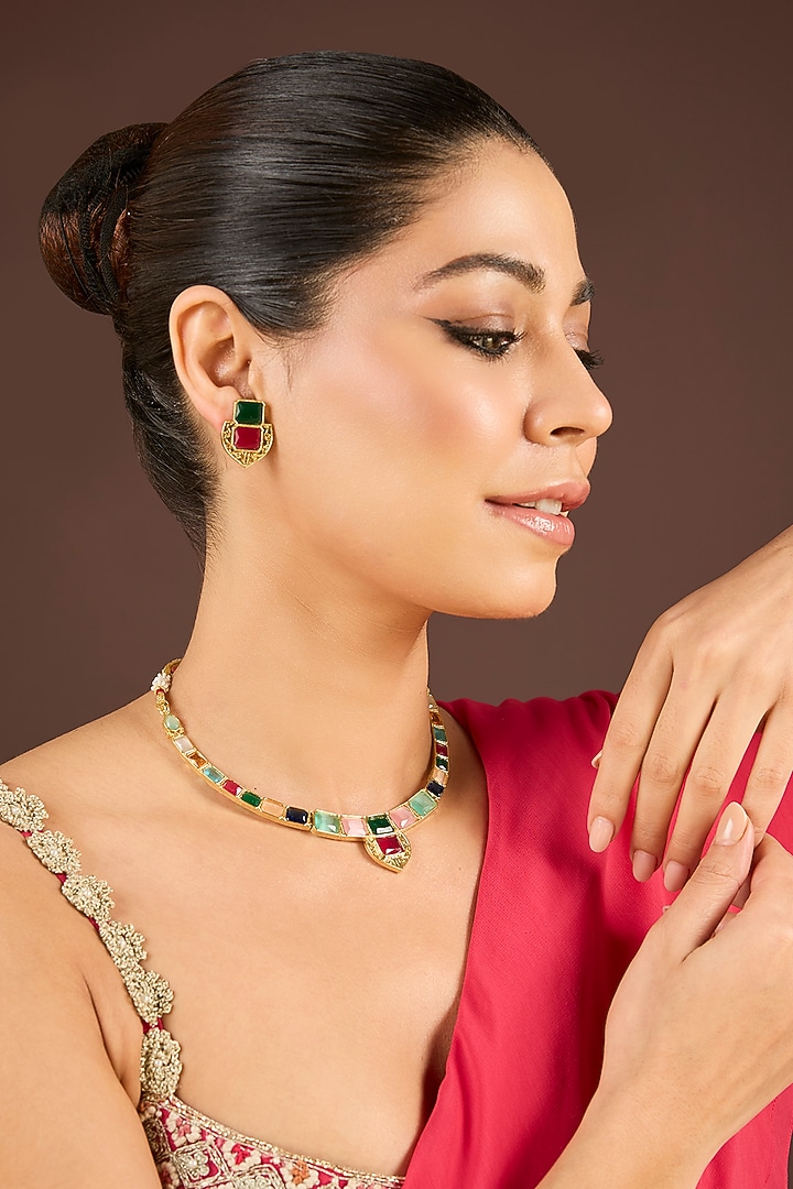 Gold Plated Multi-Colored Stone Necklace Set by Minaki at Pernia's Pop Up Shop