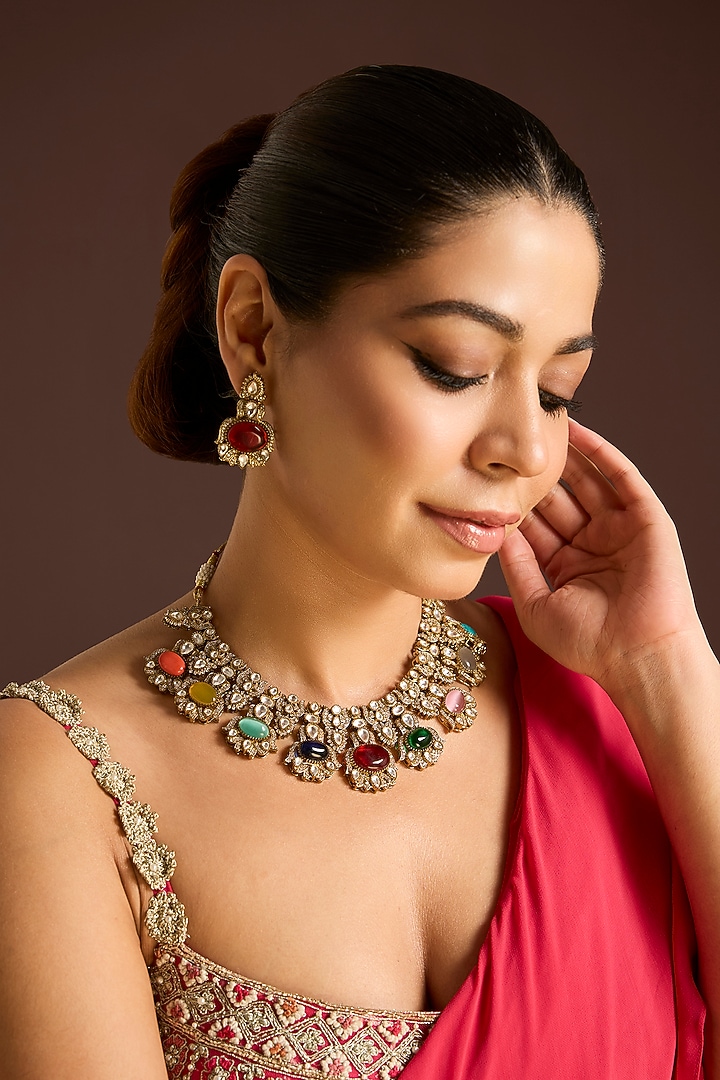 Antique Gold Finish Multi-Colored Stone & Crystal Necklace Set by Minaki at Pernia's Pop Up Shop