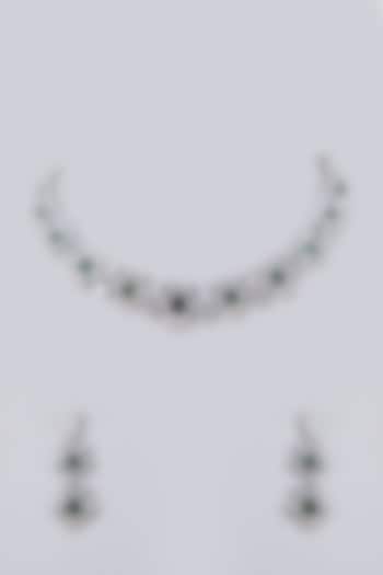 White Gold Finish Diamond & Emerald Zircon Necklace Set by Minaki at Pernia's Pop Up Shop