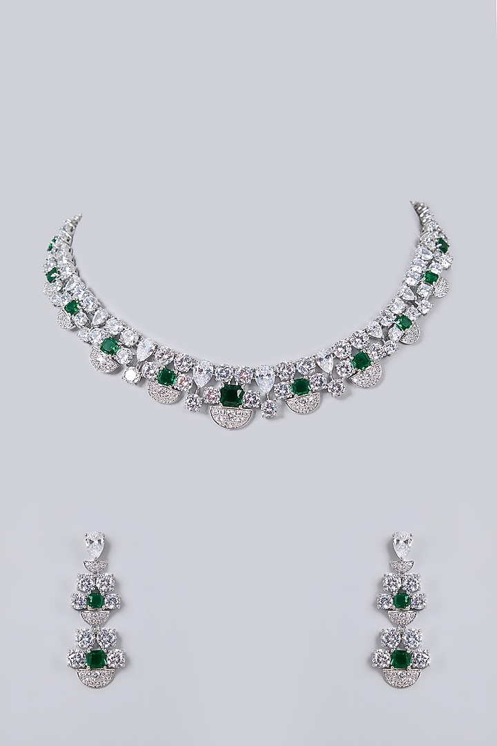 White Gold Finish Diamond & Emerald Zircon Necklace Set by Minaki at Pernia's Pop Up Shop