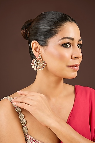 Gold Plated Kundan Polki & Red Beaded Chandbali Earrings by Minaki