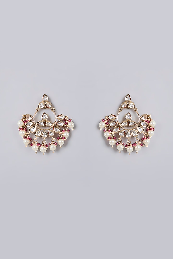 Gold Plated Kundan Polki & Red Beaded Chandbali Earrings by Minaki at Pernia's Pop Up Shop