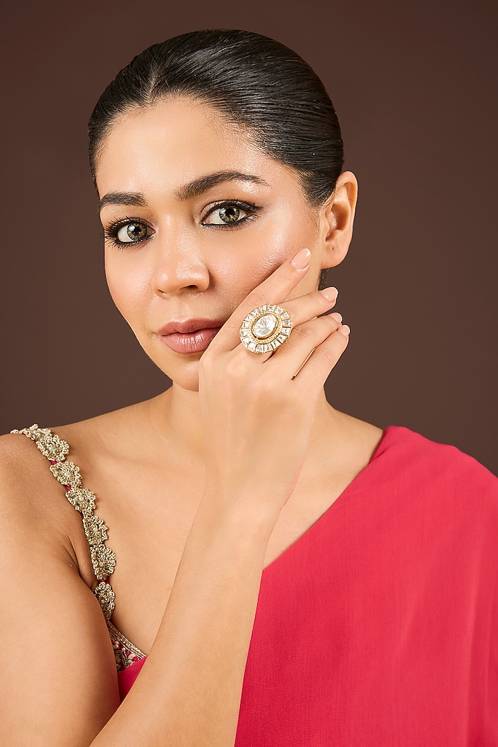 Gold Plated Kundan Polki & Crystal Ring by Minaki at Pernia's Pop Up Shop
