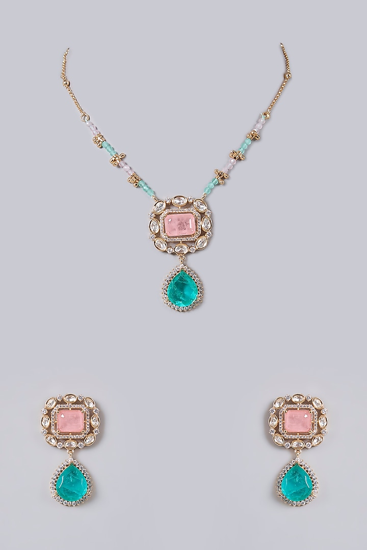 Gold Plated Kundan Polki & Pink Stone Pendant Necklace Set by Minaki at Pernia's Pop Up Shop