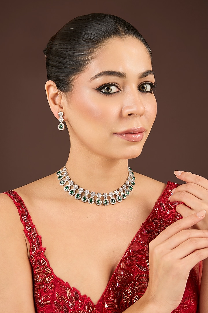 White Gold Finish Cubic Zirconia & Emerald Stone Necklace Set by Minaki at Pernia's Pop Up Shop
