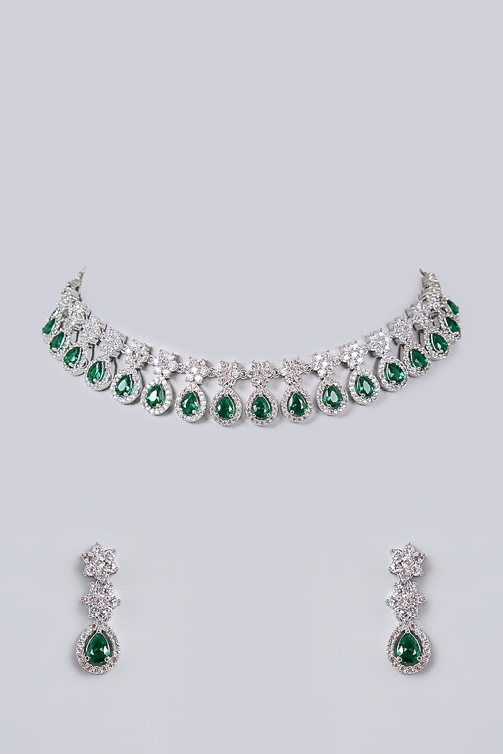White Gold Finish Cubic Zirconia & Emerald Stone Necklace Set by Minaki at Pernia's Pop Up Shop