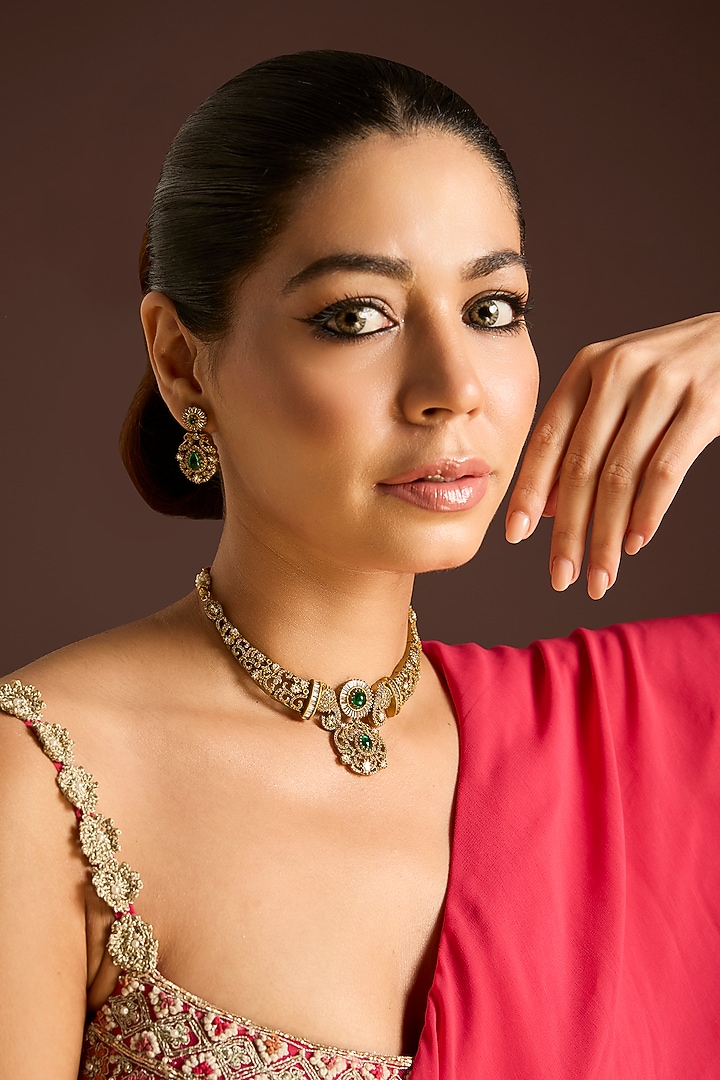 Antique Gold Finish Green & Red Stone Necklace Set by Minaki at Pernia's Pop Up Shop