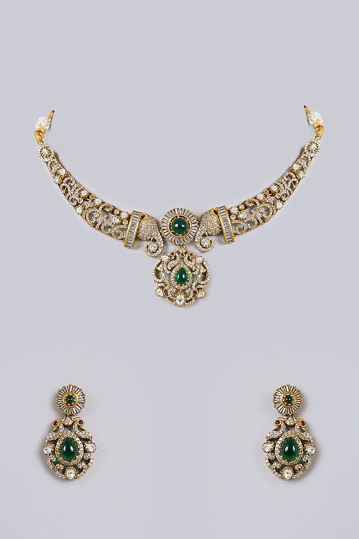 Antique Gold Finish Green & Red Stone Necklace Set by Minaki at Pernia's Pop Up Shop