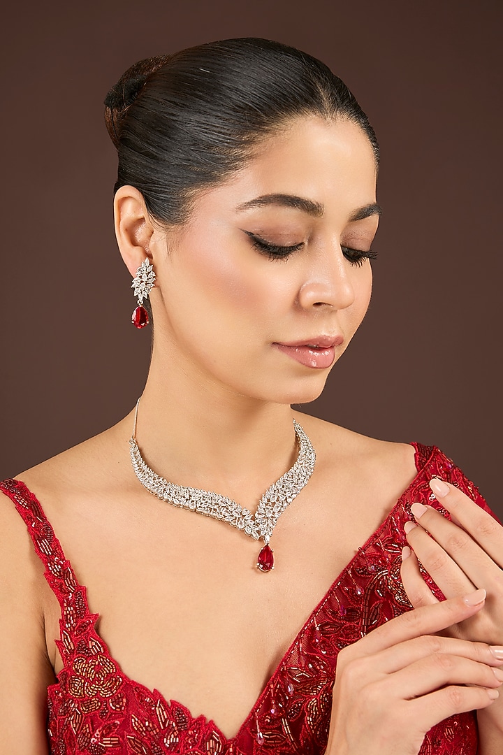 White Gold Finish Diamond & Red Cubic Zirconia Necklace Set by Minaki at Pernia's Pop Up Shop