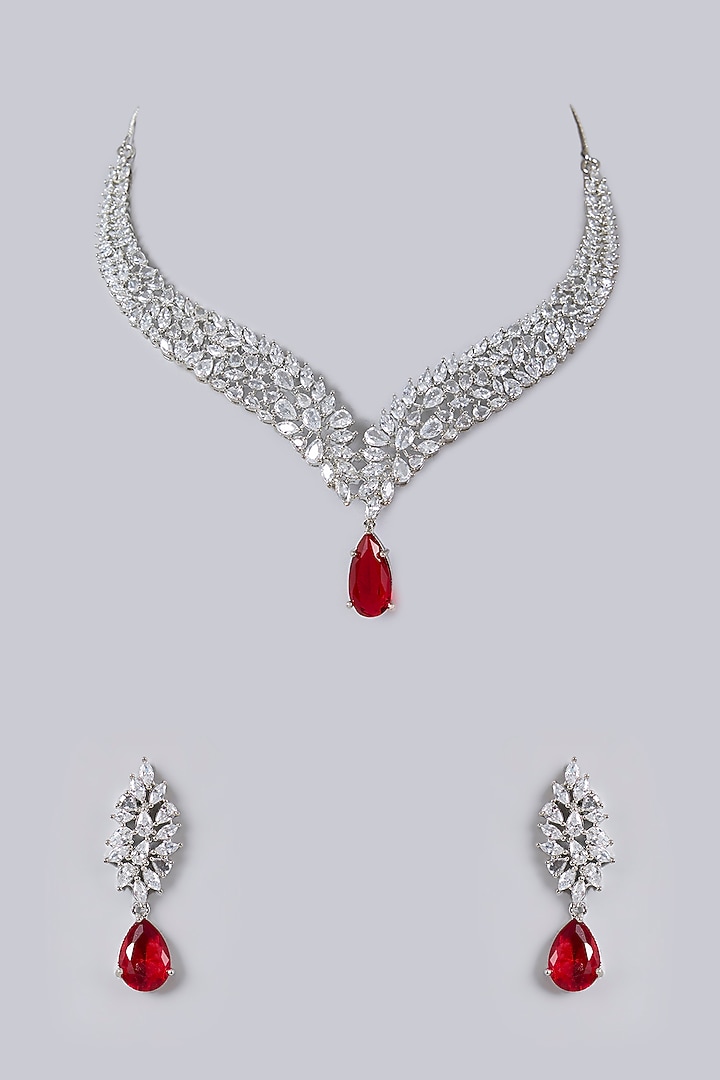 White Gold Finish Diamond & Red Cubic Zirconia Necklace Set by Minaki at Pernia's Pop Up Shop