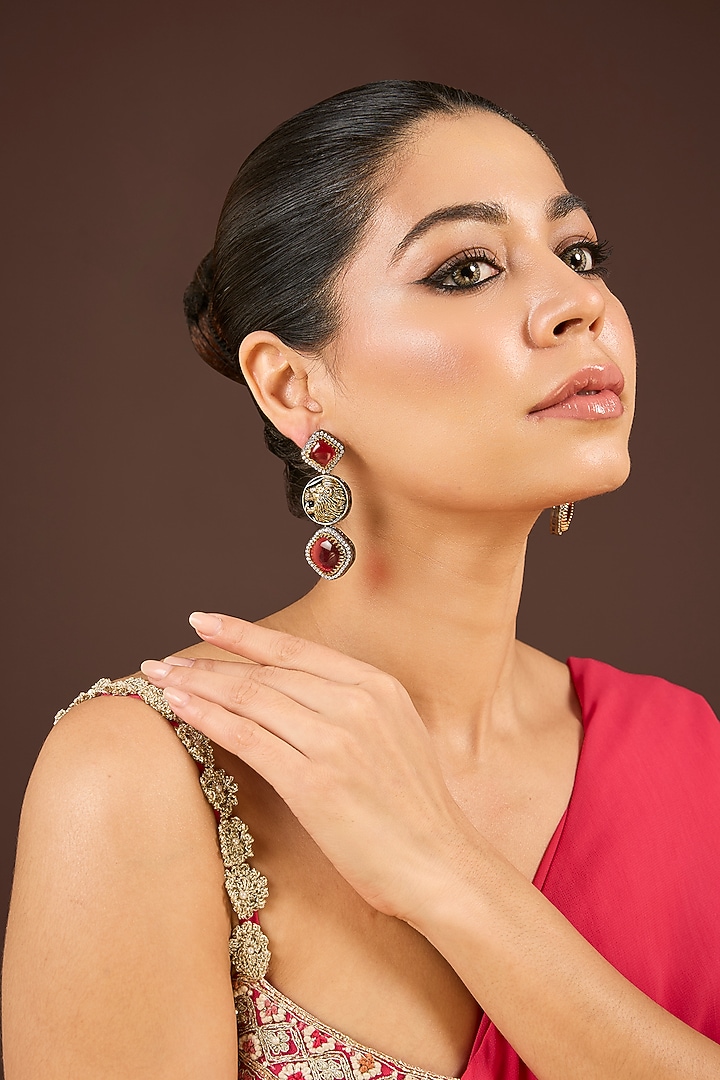 Antique Gold Finish Crystal & Red Stone Panther Earrings by Minaki at Pernia's Pop Up Shop