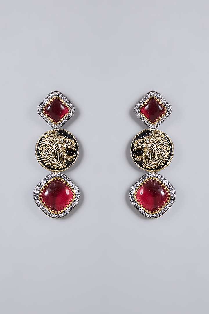 Antique Gold Finish Crystal & Red Stone Panther Earrings by Minaki at Pernia's Pop Up Shop