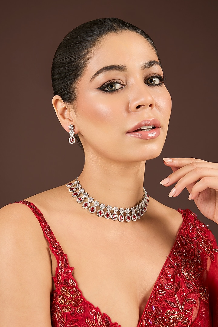White Gold Finish Diamond & Red Cubic Zirconia Necklace Set by Minaki at Pernia's Pop Up Shop