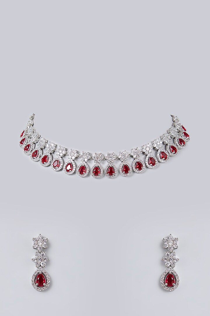 White Gold Finish Diamond & Red Cubic Zirconia Necklace Set by Minaki at Pernia's Pop Up Shop