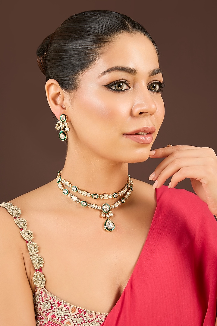 Gold Plated Kundan Polki Green Meenakari Layered Necklace Set by Minaki at Pernia's Pop Up Shop