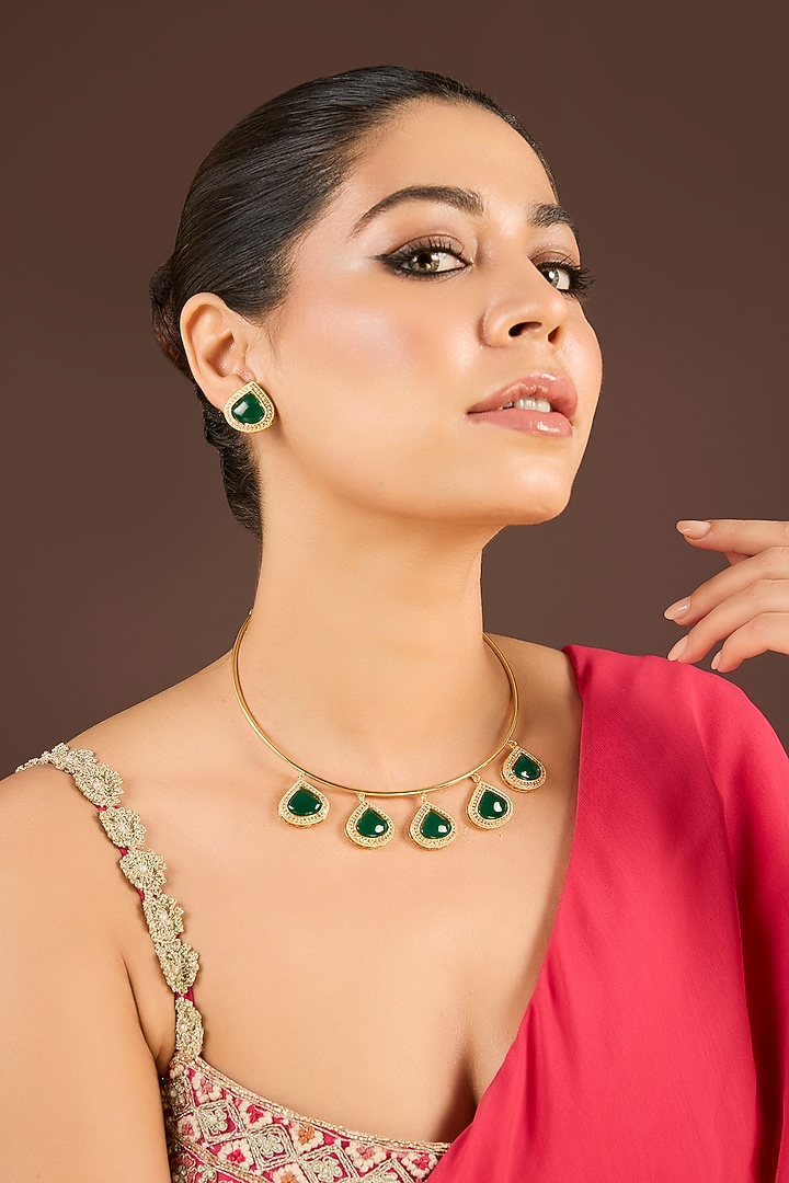 Gold Plated Kundan Polki & Emerald Stone Necklace Set by Minaki at Pernia's Pop Up Shop