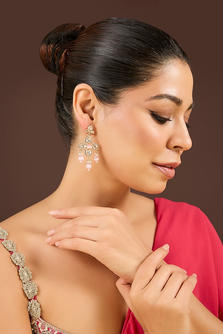Gold Plated Kundan Polki & Pink Beaded Dangler Earrings by Minaki at Pernia's Pop Up Shop