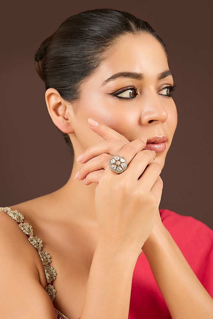 Gold Plated Kundan Polki & Crystal Ring by Minaki at Pernia's Pop Up Shop