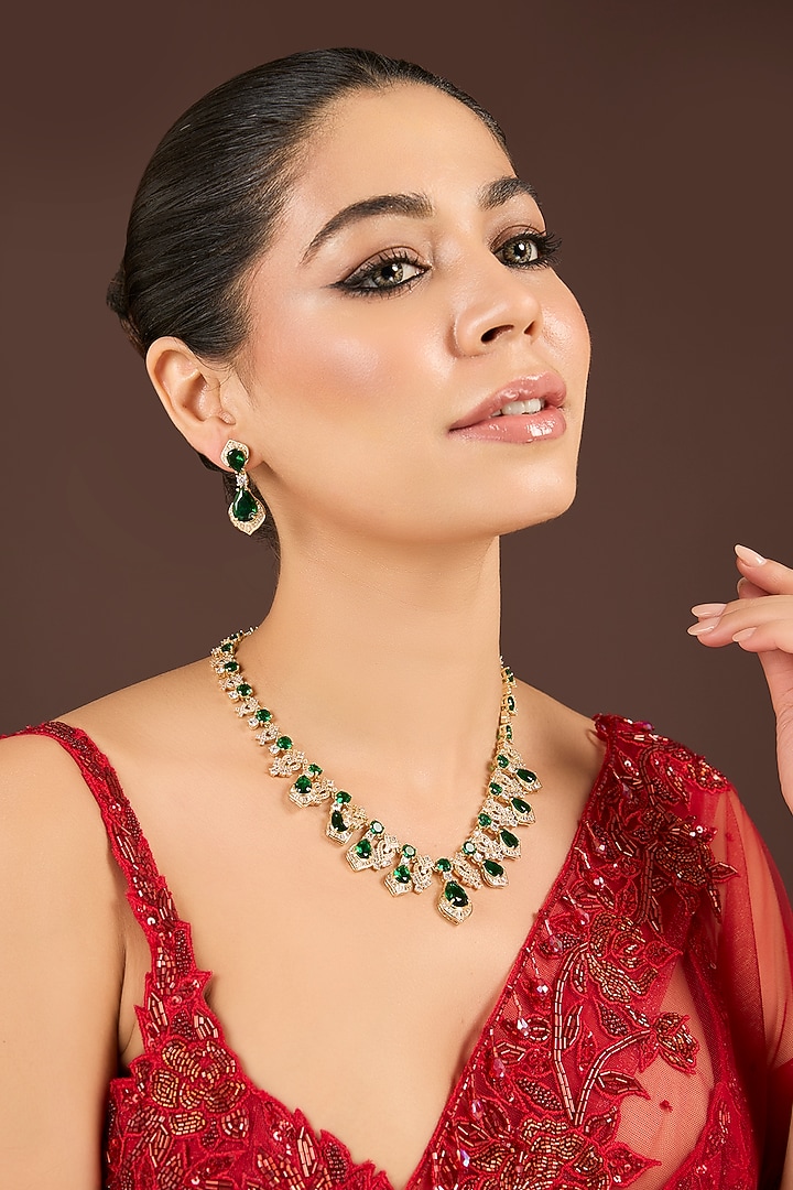 Gold Plated Diamond & Emerald Cubic Zirconia Necklace Set by Minaki at Pernia's Pop Up Shop
