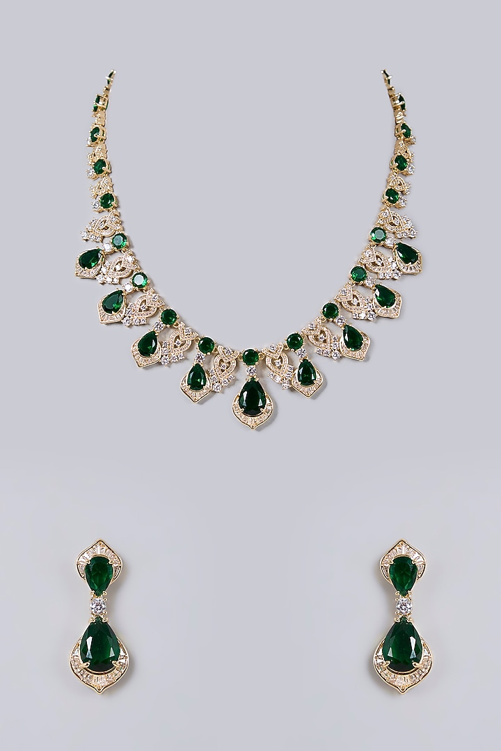 Gold Plated Diamond & Emerald Cubic Zirconia Necklace Set by Minaki at Pernia's Pop Up Shop