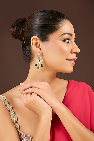 Gold Plated Kundan Polki & Green Beaded Dangler Earrings by Minaki