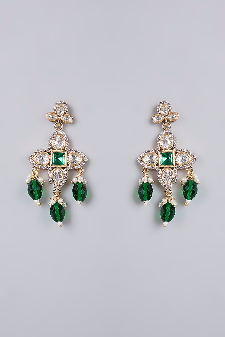 Gold Plated Kundan Polki & Green Beaded Dangler Earrings by Minaki at Pernia's Pop Up Shop