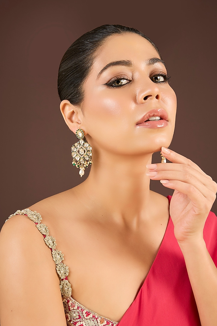 Gold Plated Kundan Polki & Green Stone Dangler Earrings by Minaki at Pernia's Pop Up Shop