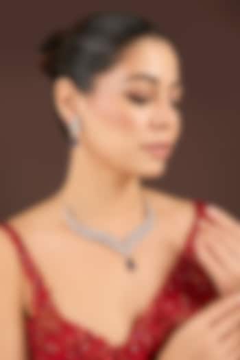 White Gold Finish Diamond & Blue Cubic Zirconia Necklace Set by Minaki at Pernia's Pop Up Shop