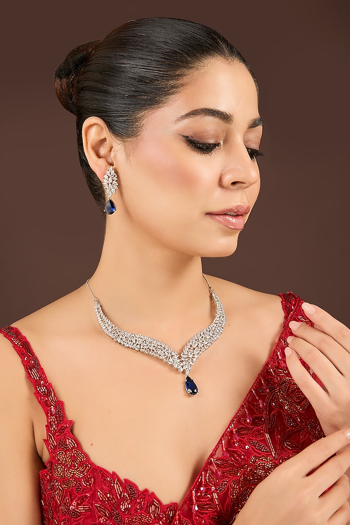 White Gold Finish Diamond & Blue Cubic Zirconia Necklace Set by Minaki at Pernia's Pop Up Shop